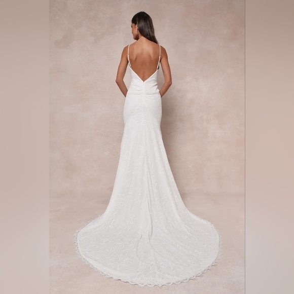 Lulu's Flawless Extravagance White Lace Trumpet Hem Maxi Dress Wedding Bride - Picture 5 of 12